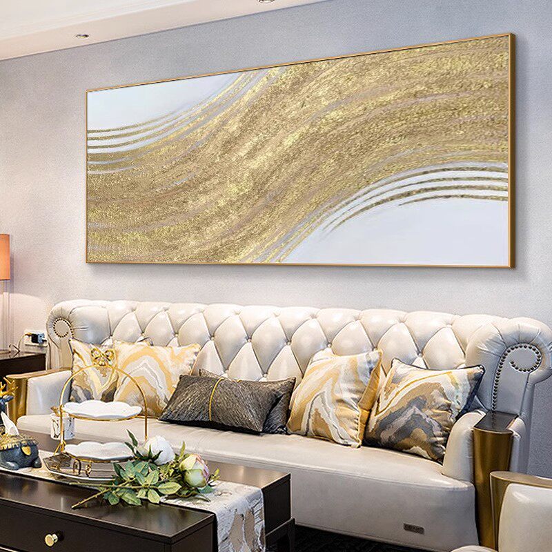手绘油画抽象艺术金箔画美式轻奢沙发客厅横幅背景墙壁画现代挂画