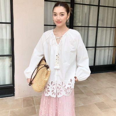 春夏宽松显瘦衬衣系带V领灯笼袖