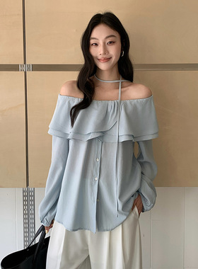 FONE温柔风一字肩衬衫女港味春季雾霾蓝荷叶边气质遮肉显瘦设计感