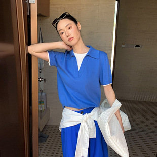 MOXI 2026春季新款韩版假两件针织衫POLO衫短袖叠穿修身上衣女ins