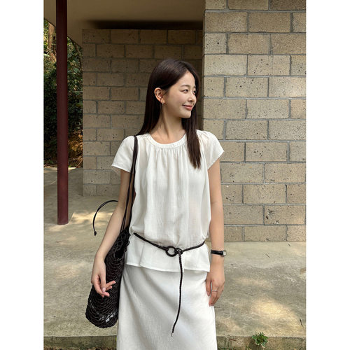 TG夏日海盐调天丝苎麻褶皱圆领小飞袖清新简约减龄上衣女2026新款
