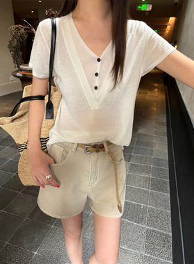 韩迅 通勤雾光感 假两件层次拼接V领显瘦针织衫女2026夏新款26832