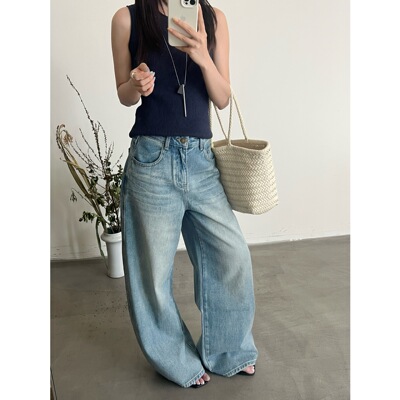 高街垂坠感宽松阔腿牛仔裤