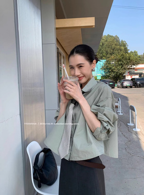 T.TOO VOUIS春季2026新款宽松衬衣配领带两件套短款长袖棉衬衫女