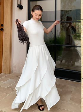 FONE毛织拼接荷叶边短袖连衣裙女2026年春季显瘦气质仙女长裙