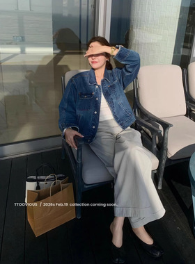 TTOO VOUIS春季2026新款水洗宽松百搭翻领港味短款牛仔夹克外套女