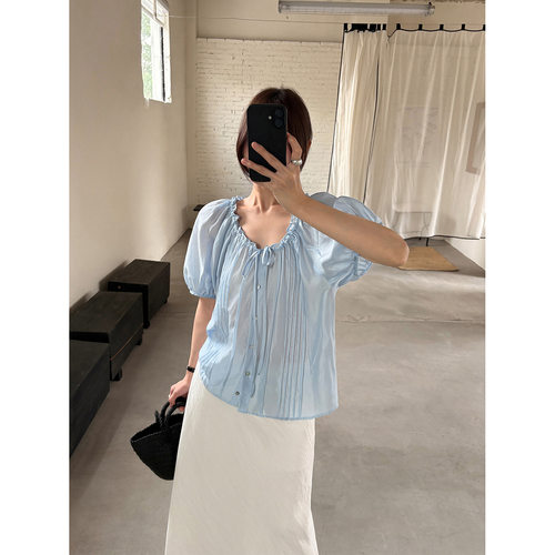 TG 法式少女甜美泡泡袖风琴褶抽绳木耳边小衫上衣2026年夏季新款