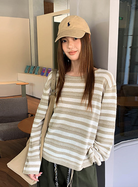 MOXI 春季2026新款韩系慵懒风宽松条纹长袖毛织针织衫港味上衣潮
