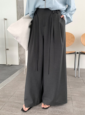 FONE早春2026新款灰色气质阔腿裤女设计感双系带宽松垂感港风长裤