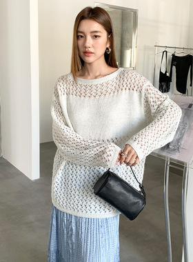FONE 韩系设计感白色镂空针织衫女春季慵懒风宽松亮片防晒罩衫ins
