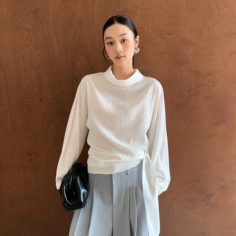 FONE 2026春季高智感穿搭侧绑带收腰小众半高领轻奢气质女士衬衫