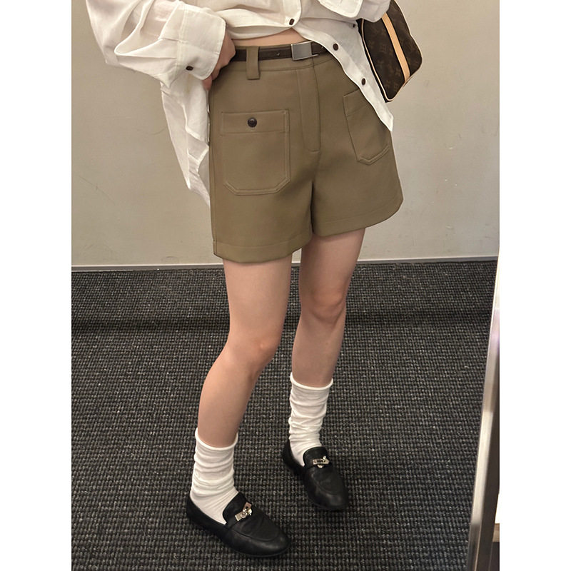 MMC复古工装PU皮短裤女2026秋高腰大口袋阔腿A字休闲裤63X21122