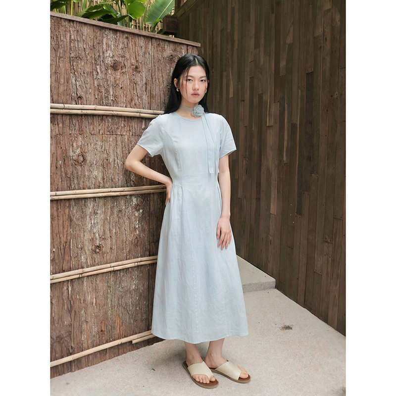 MMC 苎麻莱赛尔法式优雅连衣裙2026极简风高腰显瘦气质氛围感长裙