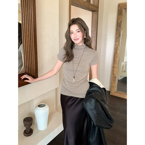 针织衫女早秋抽褶开叉收腰T恤