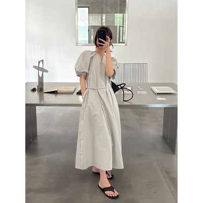 TG 法式度假风泡泡袖小V领系带棉感亲肤连衣裙2026年夏款新款长裙