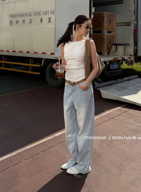 TTOO VOUIS春季2026新款高腰牛仔裤女复古水洗柔软百搭直筒拖地裤