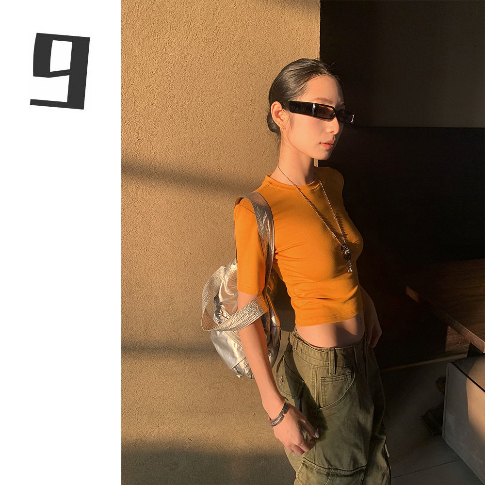 9hour 美式辣妹风中袖t恤2026春季百搭正肩小个子修身显瘦上衣女