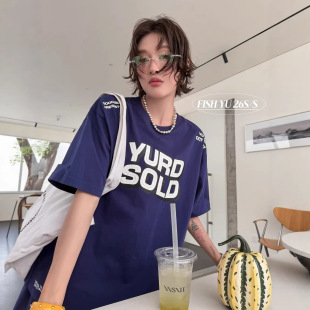 FISHYU春夏2026年新款 t恤女学生上衣 复古街头感字母拉浆印花短袖