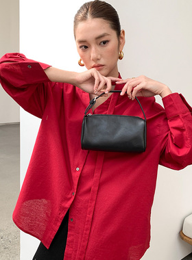 FONE春季新款红色亚麻飘带衬衫女气质设计感小众露背慵懒风衬衣潮