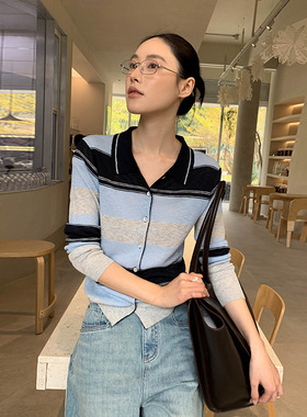 MOXI 春季2026新款翻领撞色拼色设计感气质洋气针织衫开衫上衣女