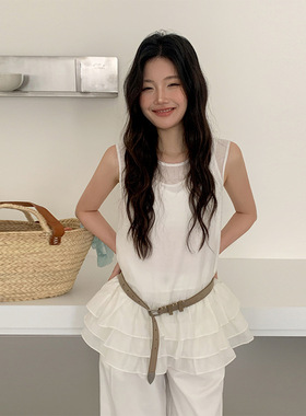 MOXI 2026春季新款韩系花边小衫设计感无袖背心屁帘白色上衣女ins