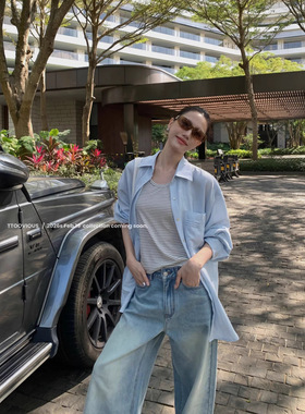 T.TOO VOUIS春季新款慵懒长袖衬衣设计感小众蓝色衬衫女背心套装