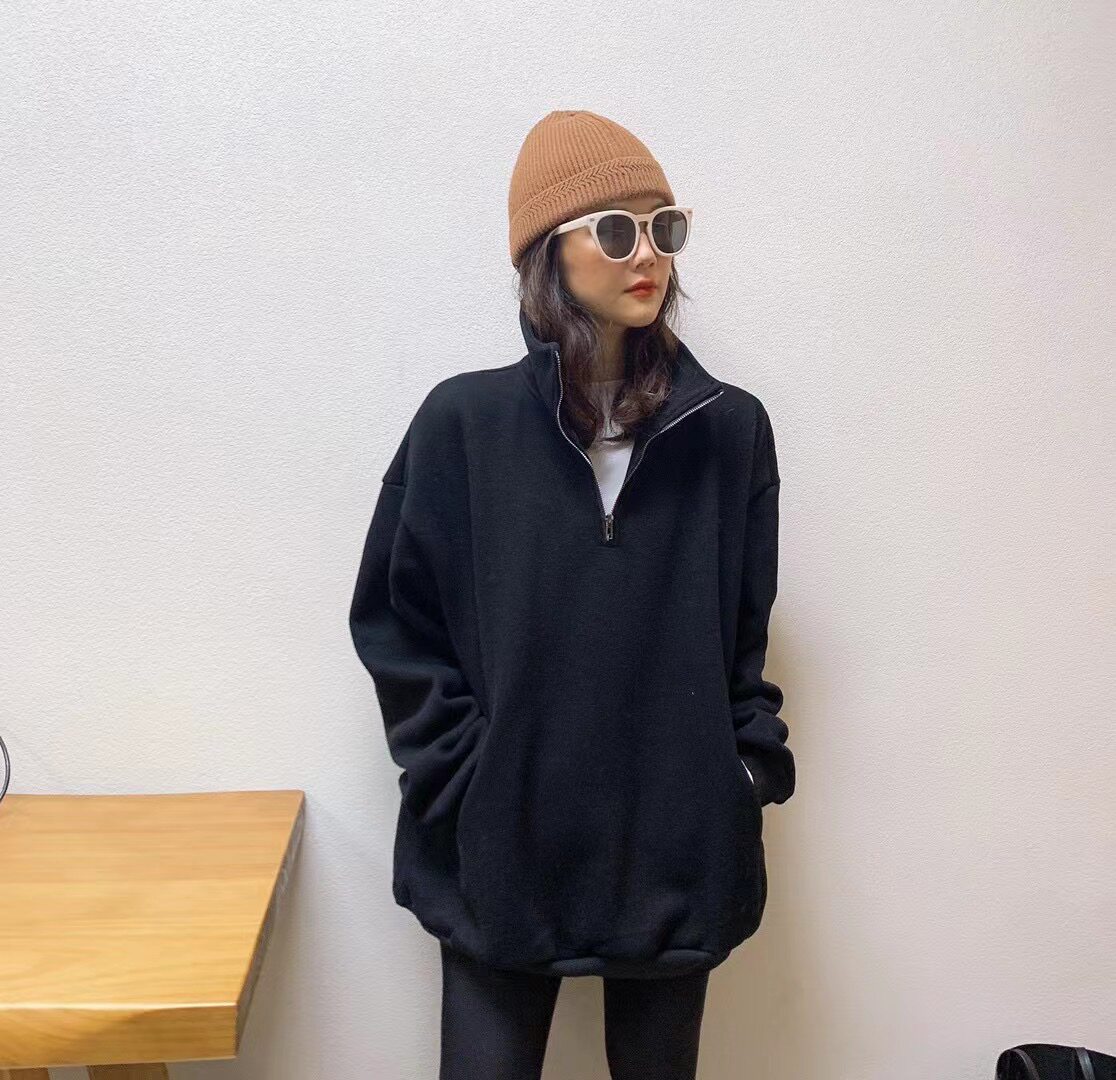 特价清仓不退换ONESEVEN韩版ulzzang套头半拉链立领黑色卫衣加绒