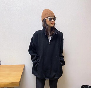 特价清仓不退换ONESEVEN韩版ulzzang套头半拉链立领黑色卫衣加绒