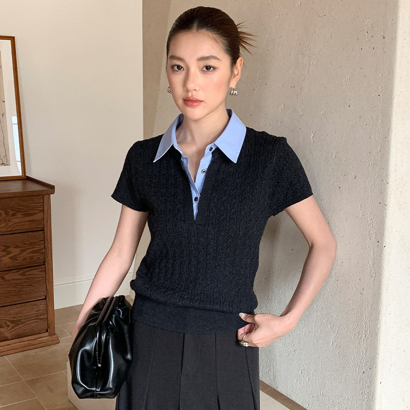 FONE复古POLO领麻花纹短袖针织衫女春季老钱风正肩设计感修身上衣