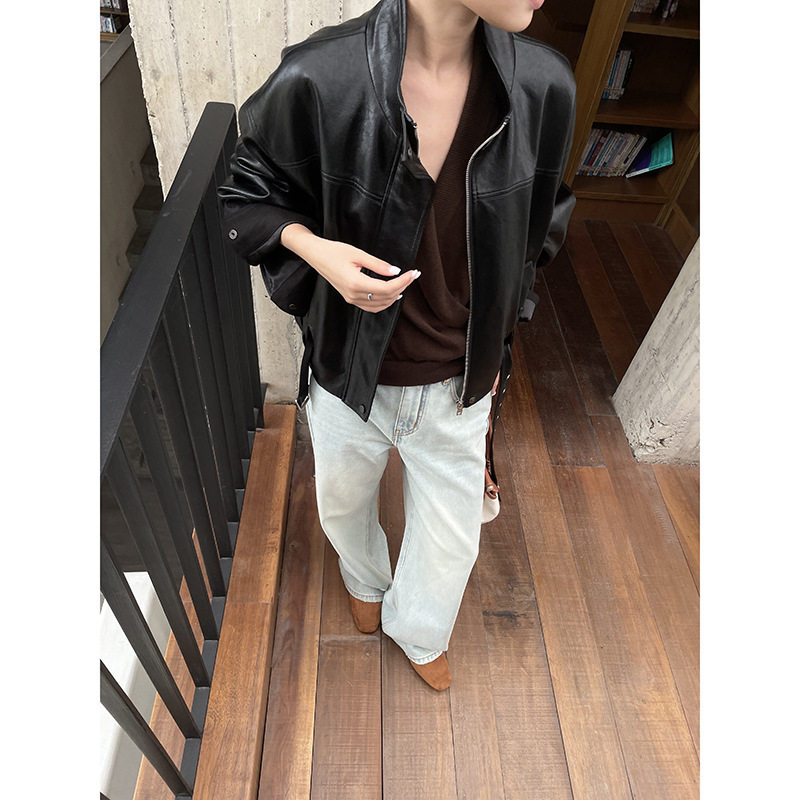 MMC立领黑色皮衣女2026早秋下摆调节腰带宽松酷飒风机车夹克外套