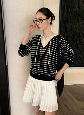 MOXI 春季2026新款休闲ulzzang连帽衫假两件条纹针织衫女洋气长袖