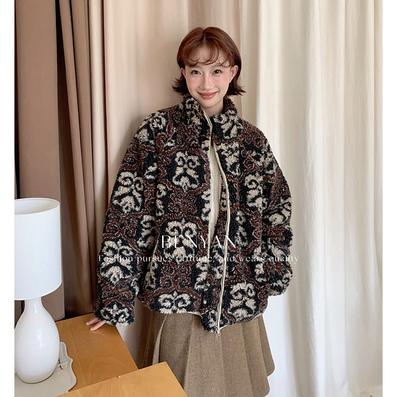 BENYAN本言 法式复古花纹保暖羊羔毛外套女慵懒宽松夹棉夹克加厚,女装/女士精品,短外套,淘宝优惠券,粉丝福利购,淘宝优惠卷