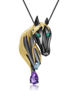 银镀黑金马头项链胸针两用时尚款