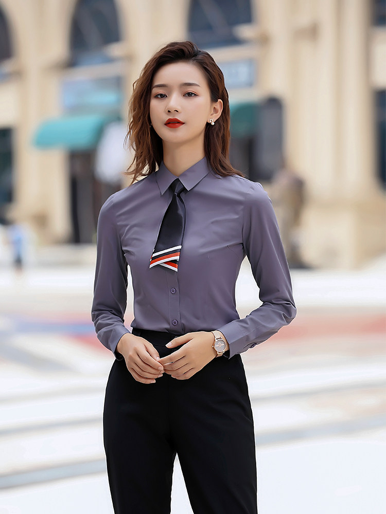 职业装白衬衣女士长袖春秋收腰大码面试正装衬衫工作服上衣工衣