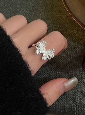 S925纯银拉丝镂空蝴蝶结开口戒