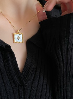 S925纯银白贝十字吊坠项链复古