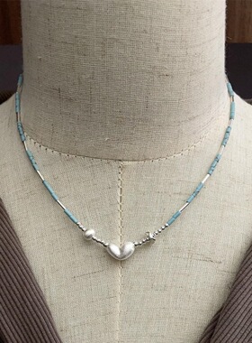 S925银天然松石拉丝爱心豆豆项链韩版小众设计感简约高级