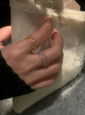 S925纯银蕾丝网纹可调戒指法式