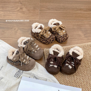 儿童棉鞋加绒保暖鞋女童豹纹休闲真皮勃肯鞋面包鞋男童宝宝豆豆鞋