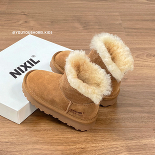 儿童皮毛一体雪地靴真皮真毛两穿中筒冬季保暖大棉靴男女童加绒靴