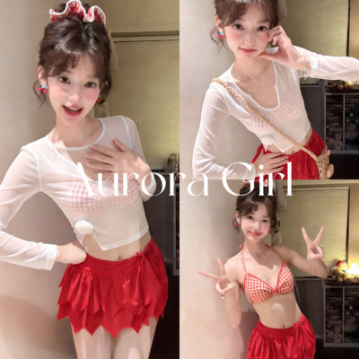 红格子显瘦新年分体温泉泳衣