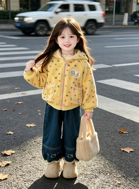 女童套装2026秋冬新款儿童彩色爱心毛毛外套女宝宝时髦花边牛仔裤