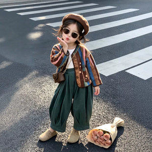 女童套装2026秋季新款儿童复古彩色条纹开衫宝宝时髦哈伦裤两件套