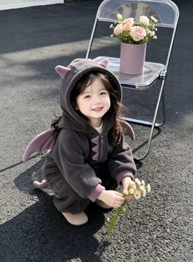 女童小怪兽套装2026秋冬新款儿童卡通萌趣加绒保暖卫衣卫裤两件套