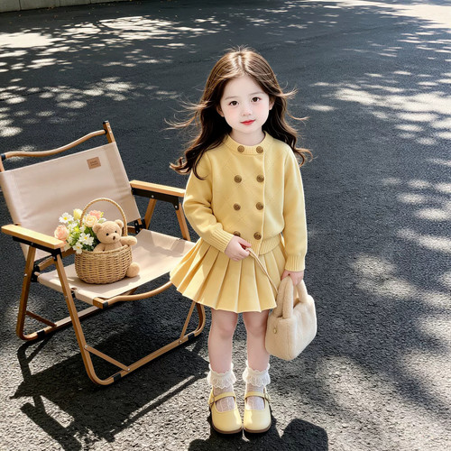 女童小香风套装2026秋季新款儿童双排扣针织毛衣女宝宝好看百褶裙