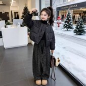 韩系加厚棉衣外套2025冬季 新款 儿童毛巾布豹纹休闲裤 女童冬装 套装