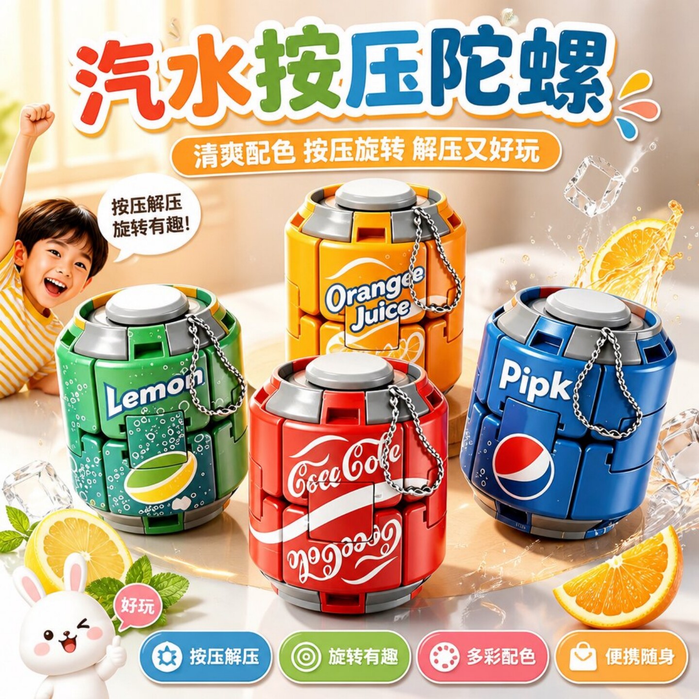 可乐汽水按压陀螺旋转球解压玩具
