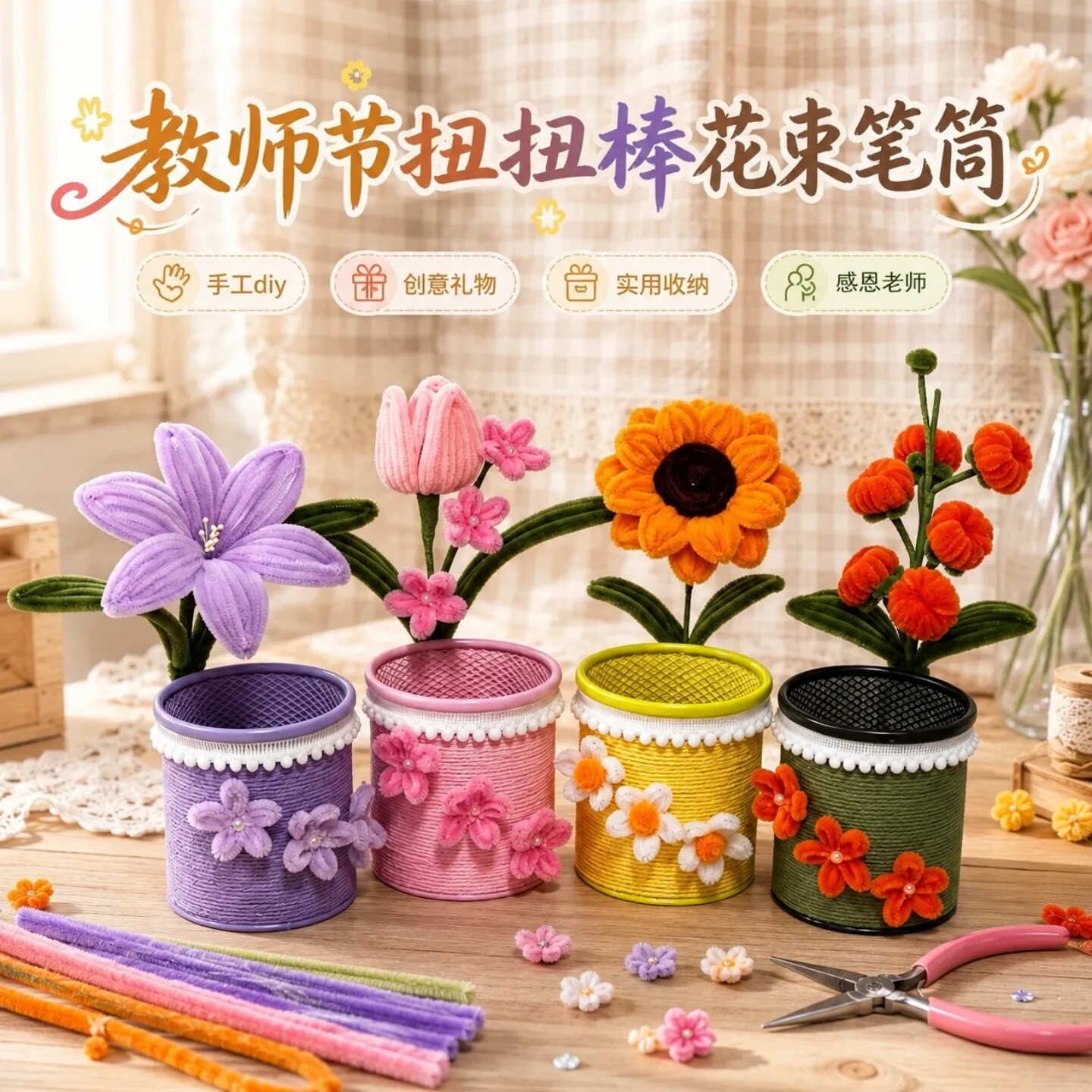 教师节扭扭棒花朵笔筒