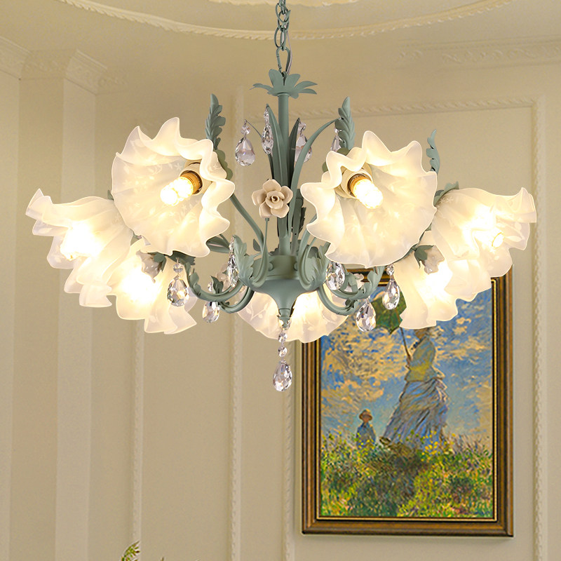 奶油风田园吊灯玫瑰花铁艺罗勒绿清新客厅卧室灯水晶点缀房间灯