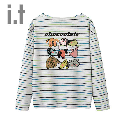 it:CHOCOOLATET恤女式春秋季时尚百搭动物印花条纹长袖休闲潮流款